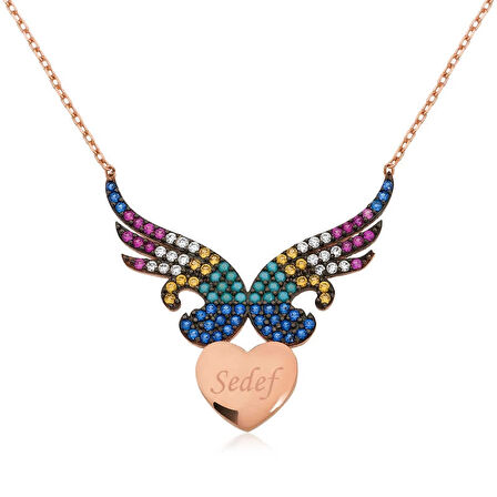 Gümüş Kişiye Özel İsimli Kanatlı Kalp Kadın Kolye