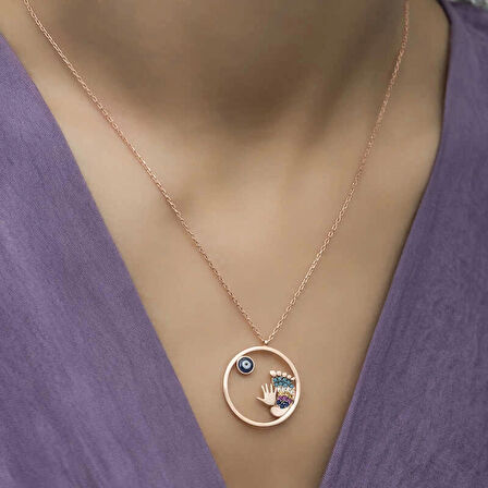 Gümüş Rose Nazarlı El ve Ayak İzi Kadın Kolye