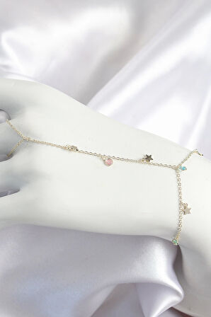 Pirinç Renkli Zirkon Taşlı Sallantılı Yıldızlı Model Gold Renk Kadın Şahmeran