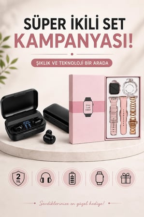 Wireless Şarjlı Pembe Akıllı Saat Ve Kablosuz Bluetooth Kulaklık Dokunmatik Kontrol