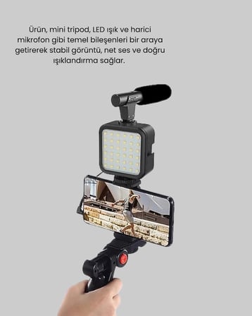 Video Çekim Kiti Tripod Led Işık Harici Mikrofon Ve Bluetooth Kumanda Seti