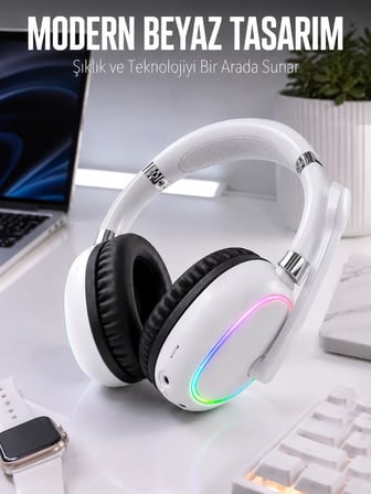 Kablosuz Bluetooth Mikrofonlu Beyaz Kulaklık  Rgb Işıklı
