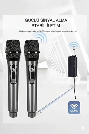 Profesyonel Çiftli Kablosuz Mikrofon Seti Karaoke Şarj Edilebilir 50 Metre