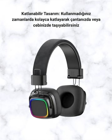 Kablosuz Rgb Işıklı Katlanabilir Bluetooth Kulak Üstü Kulaklık