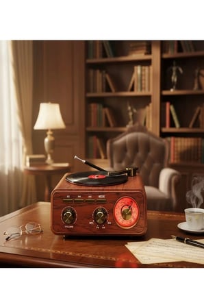 Nostaljik Tasarım Plak Çalar Görünümlü Radyolu Bluetooth Hoparlör Retro Müzik Plak