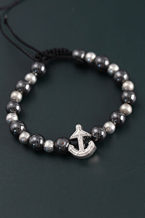 Doğal Taş Çapa Gümüş Ve Füme Renk Asansörlü Erkek Bileklik