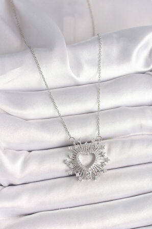 316L Çelik Gümüş Renk Zirkon Taşlı Kalp Kadın Kolye