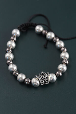 Doğal Taş Kral Tacı Gümüş Ve Füme Renk Asansörlü Erkek Bileklik