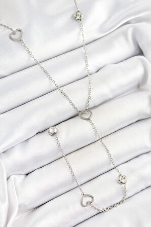 316L Çelik Zirkon Taşlı Kalp Figürlü Y Gümüş Renk Kadın Kolye