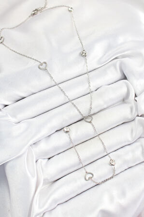 316L Çelik Zirkon Taşlı Kalp Figürlü Y Gümüş Renk Kadın Kolye