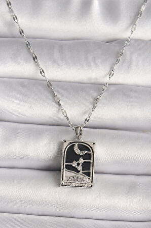 316L Çelik Gümüş Renk Zirkon Taşlı Ay Figürlü Taror Kadın Kolye