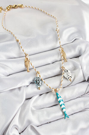 Seramik Motifli Balık Figürlü Krem İp Kadın Kolye