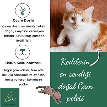 BLUECAT Pelet Kedi Kumu Net 5 kg - 10 lt - Topaklanmayan %100 Organik Çam Peleti Kedi Kumu 