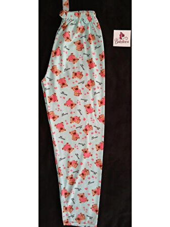 Açık Mavi Ayıcıklı ve Kalp Desenli Pijama Altı Açık Mint Yeşili-BK010003