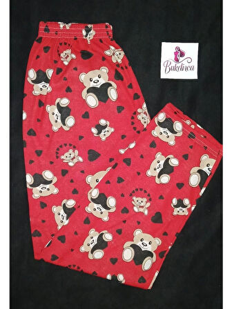 Kırmızı Kumaş Üzerinde Ayıcık Desenli Pijama Altı-BK010004
