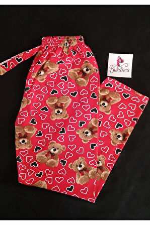 Kırmızı Kumaş Üzerinde Ayıcık ve Kalp Desenli Pijama Altı-BK010006