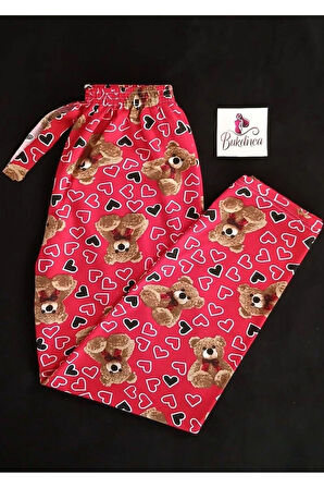 Kırmızı Kumaş Üzerinde Ayıcık ve Kalp Desenli Pijama Altı-BK010006