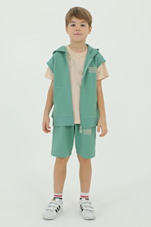 Bisiklet Yaka Erkek Çocuk Yelek t-shirt Ve Şort Üçlü Takım