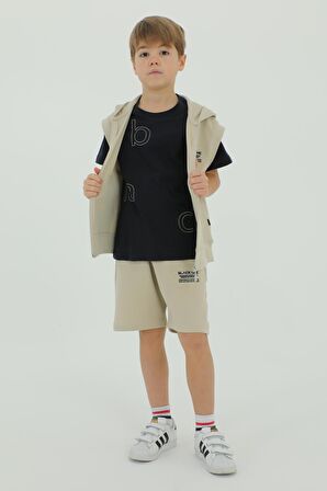 Bisiklet Yaka Erkek Çocuk Yelek t-shirt Ve Şort Üçlü Takım