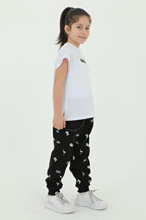 Bisiklet Yaka Kız Çocuk Baskı Detaylı t-shirt Ve Eşofman Takımı