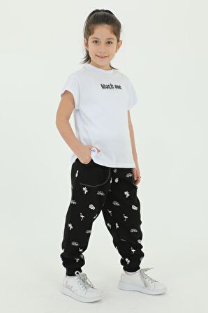 Bisiklet Yaka Kız Çocuk Baskı Detaylı t-shirt Ve Eşofman Takımı