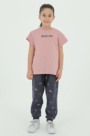 Bisiklet Yaka Kız Çocuk Baskı Detaylı t-shirt Ve Eşofman Takımı