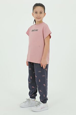 Bisiklet Yaka Kız Çocuk Baskı Detaylı t-shirt Ve Eşofman Takımı