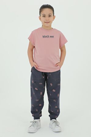 Bisiklet Yaka Kız Çocuk Baskı Detaylı t-shirt Ve Eşofman Takımı