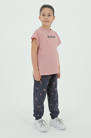 Bisiklet Yaka Kız Çocuk Baskı Detaylı t-shirt Ve Eşofman Takımı