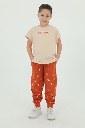 Bisiklet Yaka Kız Çocuk Baskı Detaylı t-shirt Ve Eşofman Takımı