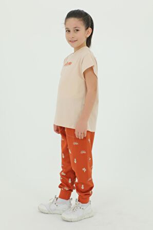 Bisiklet Yaka Kız Çocuk Baskı Detaylı t-shirt Ve Eşofman Takımı