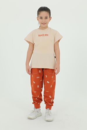 Bisiklet Yaka Kız Çocuk Baskı Detaylı t-shirt Ve Eşofman Takımı