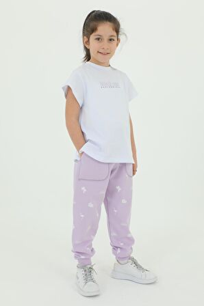 Bisiklet Yaka Kız Çocuk Baskı Detaylı t-shirt Ve Eşofman Takımı