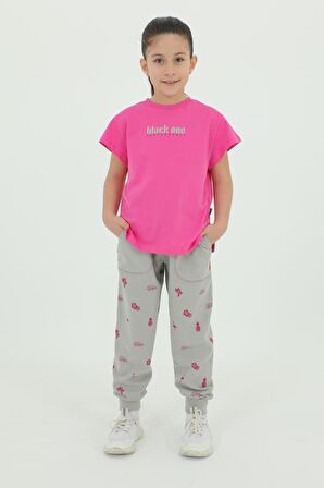 Bisiklet Yaka Kız Çocuk Baskı Detaylı t-shirt Ve Eşofman Takımı