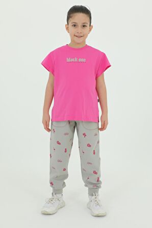 Bisiklet Yaka Kız Çocuk Baskı Detaylı t-shirt Ve Eşofman Takımı