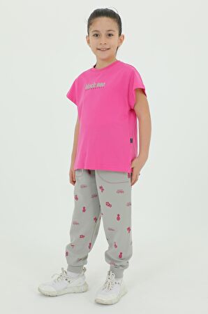 Bisiklet Yaka Kız Çocuk Baskı Detaylı t-shirt Ve Eşofman Takımı