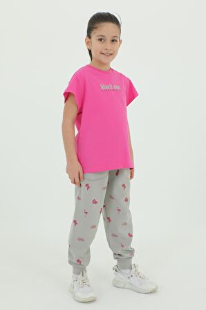 Bisiklet Yaka Kız Çocuk Baskı Detaylı t-shirt Ve Eşofman Takımı