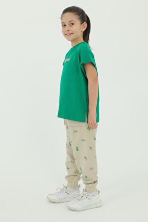 Bisiklet Yaka Kız Çocuk Baskı Detaylı t-shirt Ve Eşofman Takımı