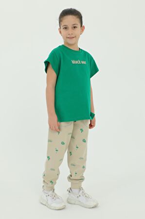 Bisiklet Yaka Kız Çocuk Baskı Detaylı t-shirt Ve Eşofman Takımı