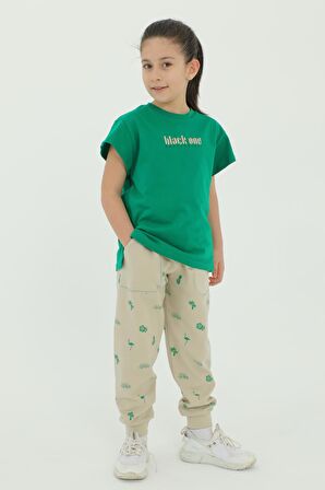 Bisiklet Yaka Kız Çocuk Baskı Detaylı t-shirt Ve Eşofman Takımı