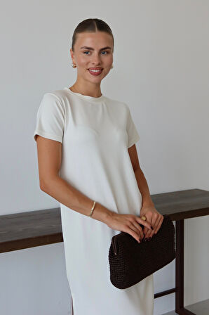 Balenbi Kadın Modal Kumaş Yarım Kol Yırtmaçlı Diz Altı Elbise 1100