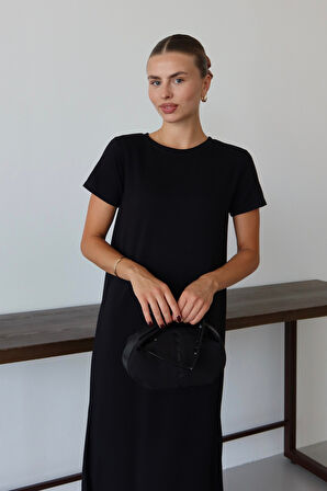 Balenbi Kadın Modal Kumaş Yarım Kol Yırtmaçlı Diz Altı Elbise 1100