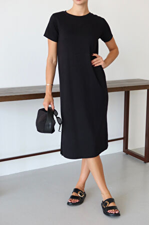 Balenbi Kadın Modal Kumaş Yarım Kol Yırtmaçlı Diz Altı Elbise 1100