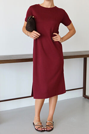 Balenbi Kadın Modal Kumaş Yarım Kol Yırtmaçlı Diz Altı Elbise 1100