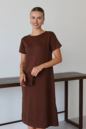 Balenbi Kadın Modal Kumaş Yarım Kol Yırtmaçlı Diz Altı Elbise 1100