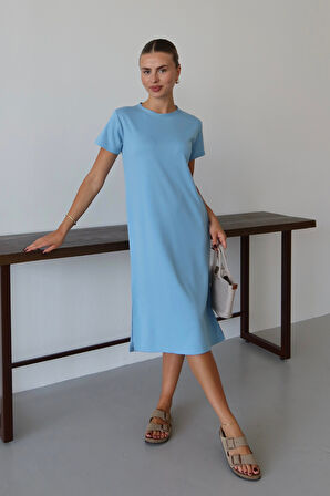 Balenbi Kadın Modal Kumaş Yarım Kol Yırtmaçlı Diz Altı Elbise 1100