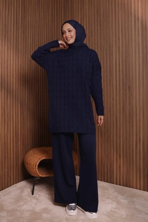 Balenbi Kadın Oversize Saç Örgü Desen Pantolonlu Tesettür Triko Takım 1135