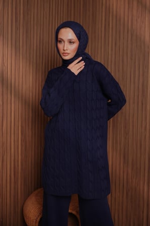 Balenbi Kadın Oversize Saç Örgü Desen Pantolonlu Tesettür Triko Takım 1135