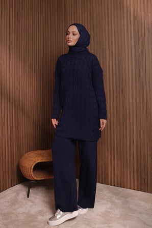 Balenbi Kadın Oversize Saç Örgü Desen Pantolonlu Tesettür Triko Takım 1135