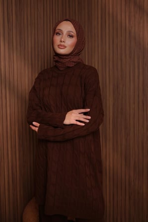 Balenbi Kadın Oversize Saç Örgü Desen Pantolonlu Tesettür Triko Takım 1135